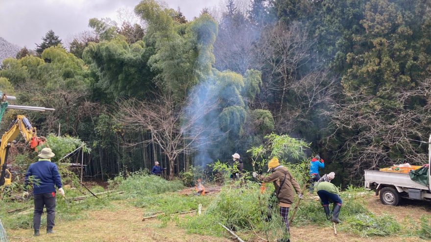 参加者の結作業で間伐→運搬→焼き作業を進めます
