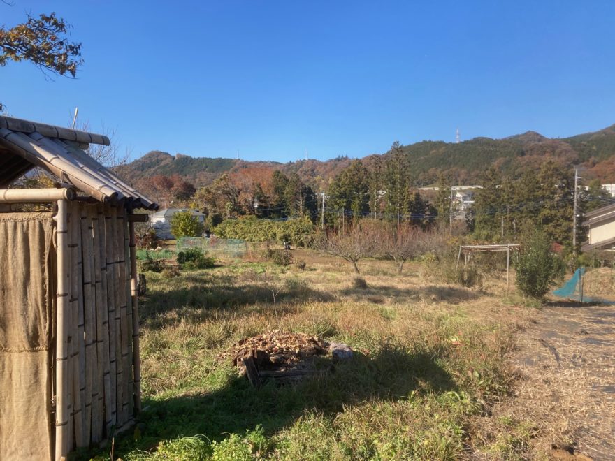 縄文ファームくだもの畑(左は竹の間伐材で作った縄文トイレ)